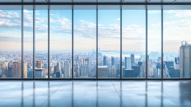 Fototapeta A large city view from a high floor of a building. The city is full of tall buildings and the sky is clear