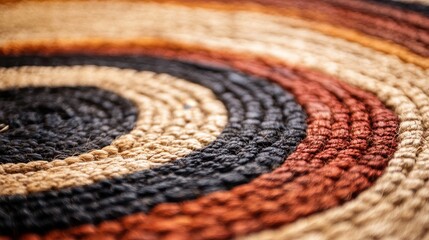 A close-up shows the intricate craftsmanship and textures of a handwoven Aboriginal mat