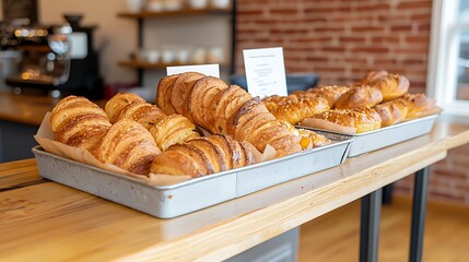 Freshly baked pastries displayed in cozy bakery urban setting food photography inviting atmosphere