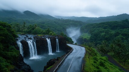 Fototapeta premium Majestic waterfalls scenic road nature photography lush landscape serene view