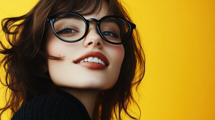 Fototapeta premium Woman with trendy eyewear against yellow backdrop