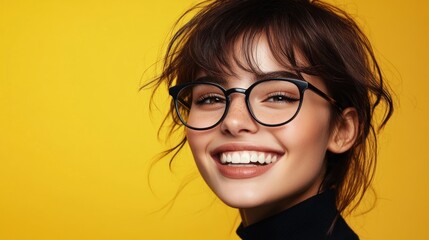 Obraz premium Happy woman with glasses smiling at yellow backdrop