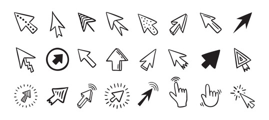 Cursor doodle icon set. Click cursor hand drawn set. Isolated mouse cursor 