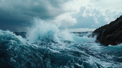 Fototapeta premium Powerful ocean waves crashing on rocky shore nature scene dramatic view