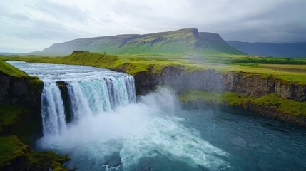 Fototapeta premium Majestic waterfall cascading in icelandic landscape nature photography
