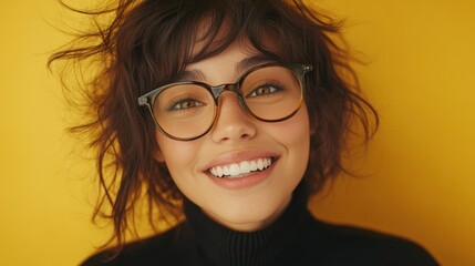 Obraz premium Smiling woman with glasses on a yellow background
