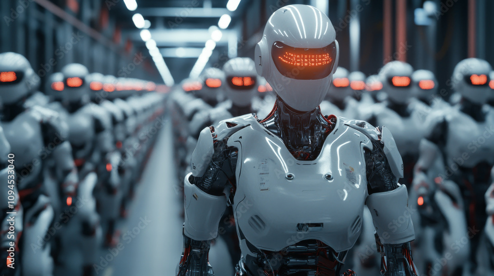 Poster smart factories use ai-controlled robots to automate production. these robots work on assembly lines