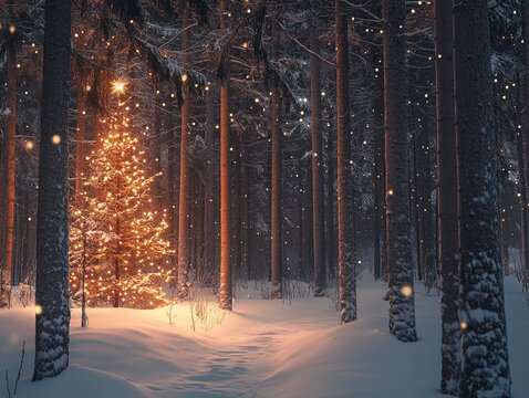 Snowy winter forest with decorated Christmas tree, early evening light, peaceful and magical season