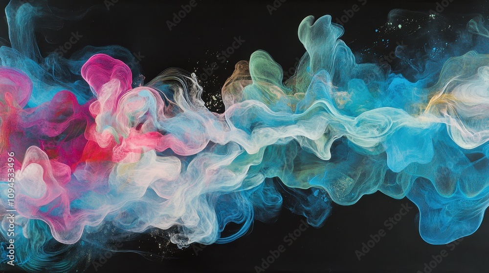 Poster abstract colorful swirls of smoke against a black background, creating a dynamic visual effect.