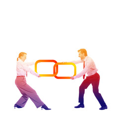 Contemporary art collage. Businesswoman and businessman holding interlinked chain shapes,...