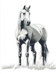 Fototapeta premium White horse standing in grass field illustration