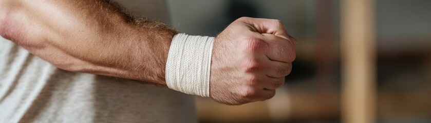 Fototapeta premium A close-up of a clenched fist with a wrapped wrist, symbolizing strength and determination in sports or martial arts.