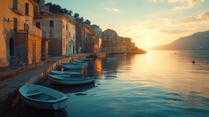 Fototapeta premium Scenic view of a small beautiful Italian coastal town with traditional buildings, boats, and calm water