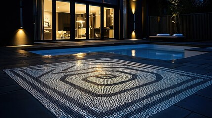 Obraz premium A serene outdoor space featuring a mosaic design by a pool, illuminated at night.