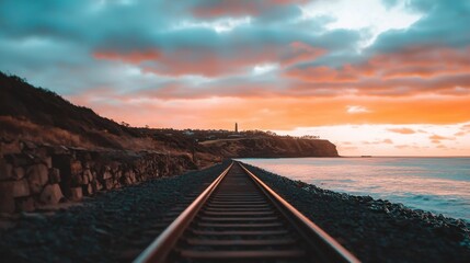 Fototapeta premium Scenic sunset over ocean and railway tracks coastal landscape tranquil view