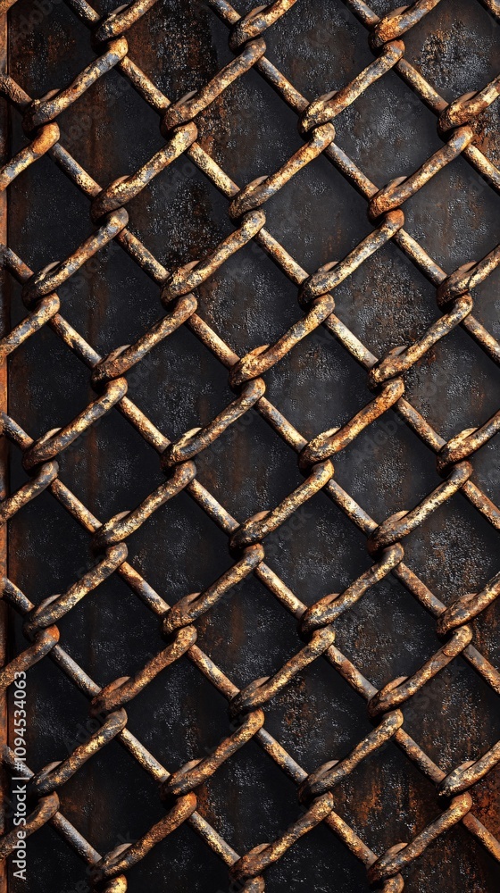 Aufkleber Rusty chain link fence creating a diamond pattern on dark background