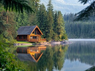 Fototapeta premium Rustic cabin by a lake surrounded by forest, morning light, concept of peaceful local trave