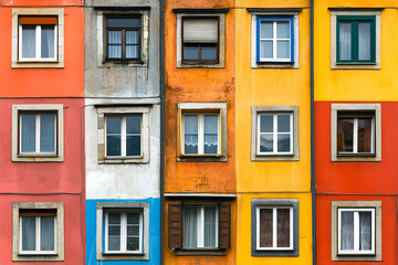 Obraz premium Colorful Building Facade with Varied Windows and Vibrant Walls