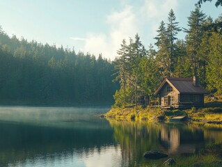 Rustic cabin by a lake surrounded by forest, morning light, concept of peaceful local trave