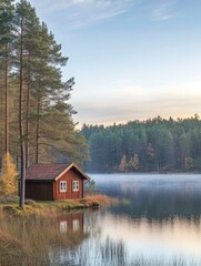 Rustic cabin by a lake surrounded by forest, morning light, concept of peaceful local trave