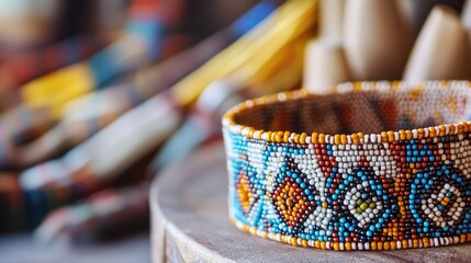 Close-up shows detailed patterns of a Swazi beadwork headband with blurred tools behind
