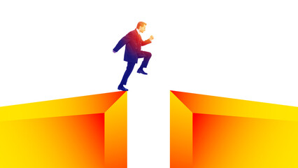Contemporary art collage. Businessman stepping across gap between two platforms, symbolizing...