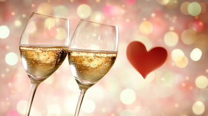 Two wine glasses clinking together in a toast, with a dreamy heart-shaped bokeh effect in the background, symbolizing love and celebration. The image has plenty of room for text or a romantic quote.