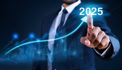 Fototapeta premium The 2025 new year business goals concept. Businessman touching increase arrow graph company future growth 2025. Business plan target strategy, Planning and challenge business strategy in new year new