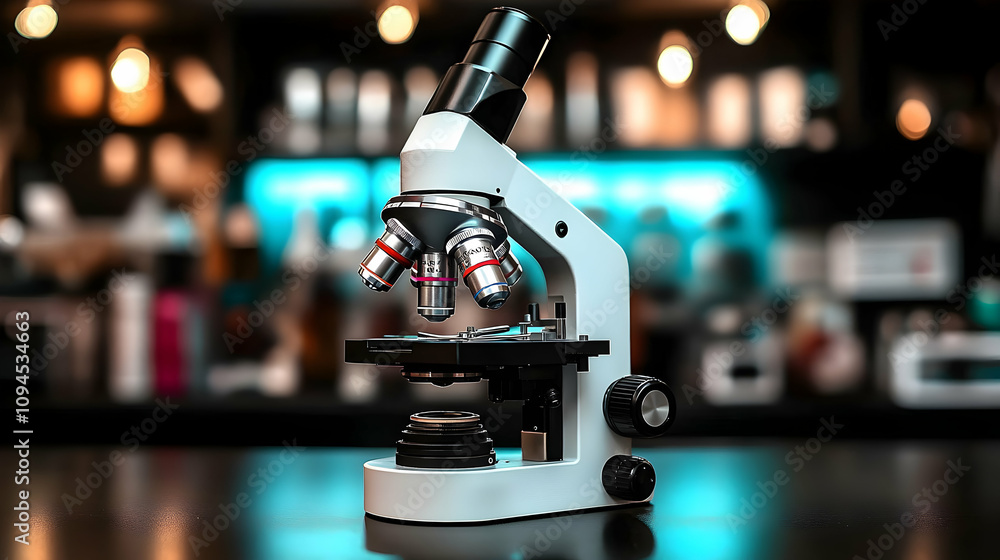 Poster microscope with multiple lenses rests on a dark surface, illuminated by ambient lighting