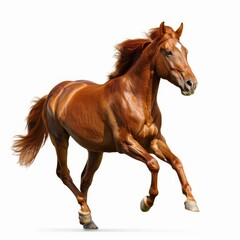 Obraz premium Powerful chestnut horse running with flowing mane and tail, isolated on white background