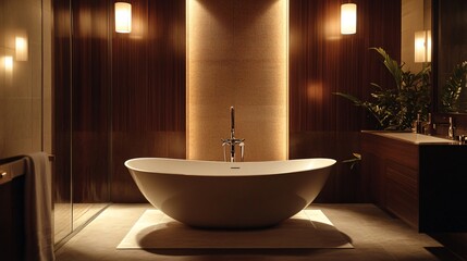 Luxurious Modern Freestanding Bathtub in Warmly Lit Bathroom