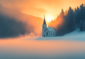Old mining village in Slovakia at sunset. Historic church in Spania dolina.