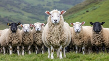 Fototapeta premium Sheep grazing in scenic green hills nature photography rural landscape