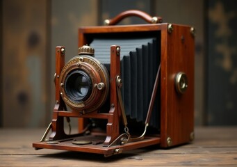 Vintage wooden camera with ornate details displayed on a wooden table, showcasing craftsmanship and design