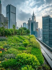 Fototapeta premium Professional photo of a lush green rooftop garden in an urban environment, modern buildings in the back