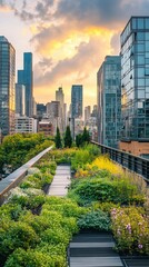 Fototapeta premium Professional photo of a lush green rooftop garden in an urban environment, modern buildings in the back
