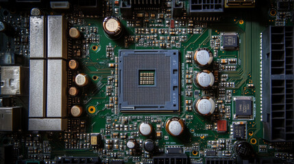 Fototapeta premium A computer's brain (CPU) is a tiny, powerful chip on the motherboard. It's made of electronic parts and powers technology like AI.