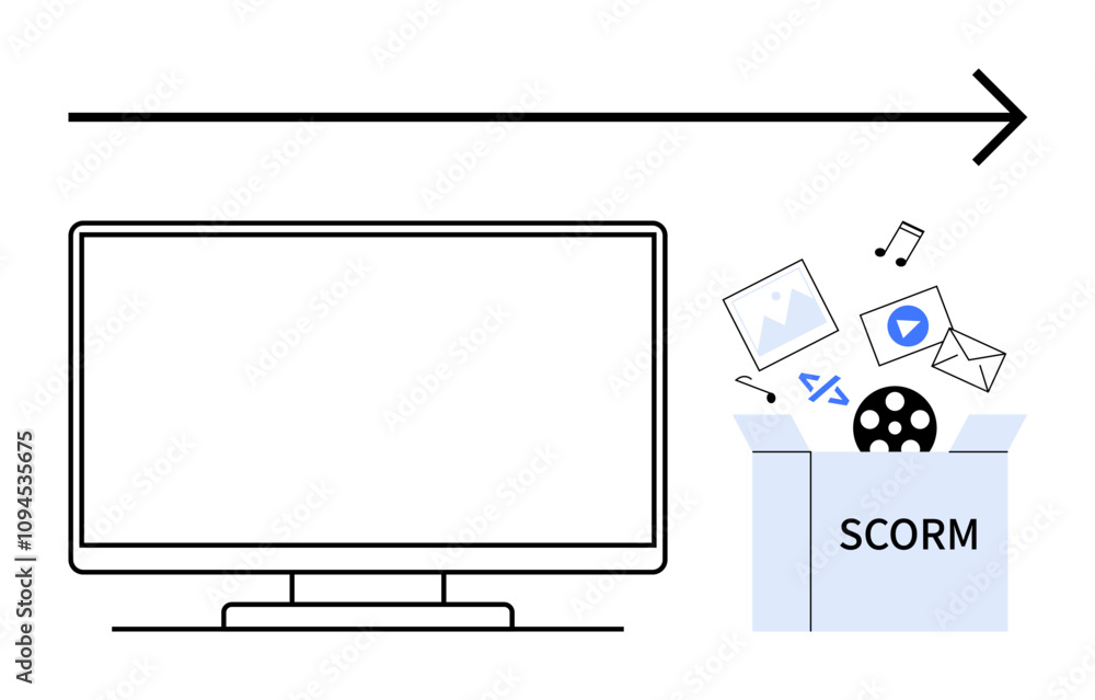 Poster arrow pointing from computer screen to scorm with images, code, videos, and emails. ideal for online