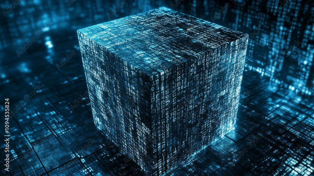 Poster a digital background shows a cube filled with numbers. this represents blockchain technology used in