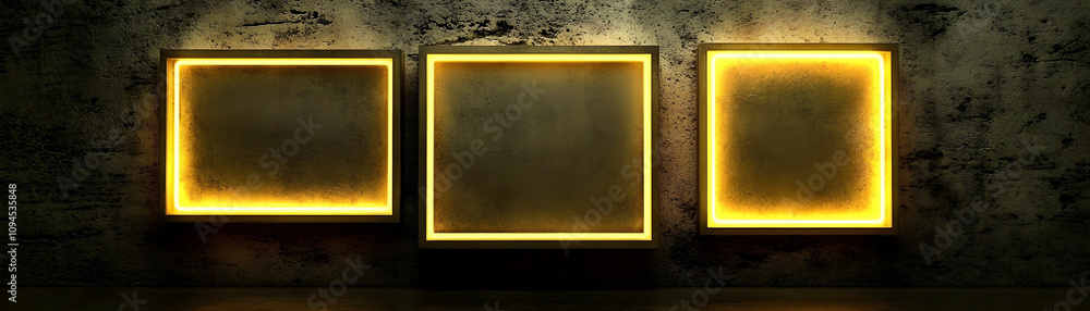 Poster three illuminated frames adorn a rustic concrete wall background, offering a dramatic and stylish de