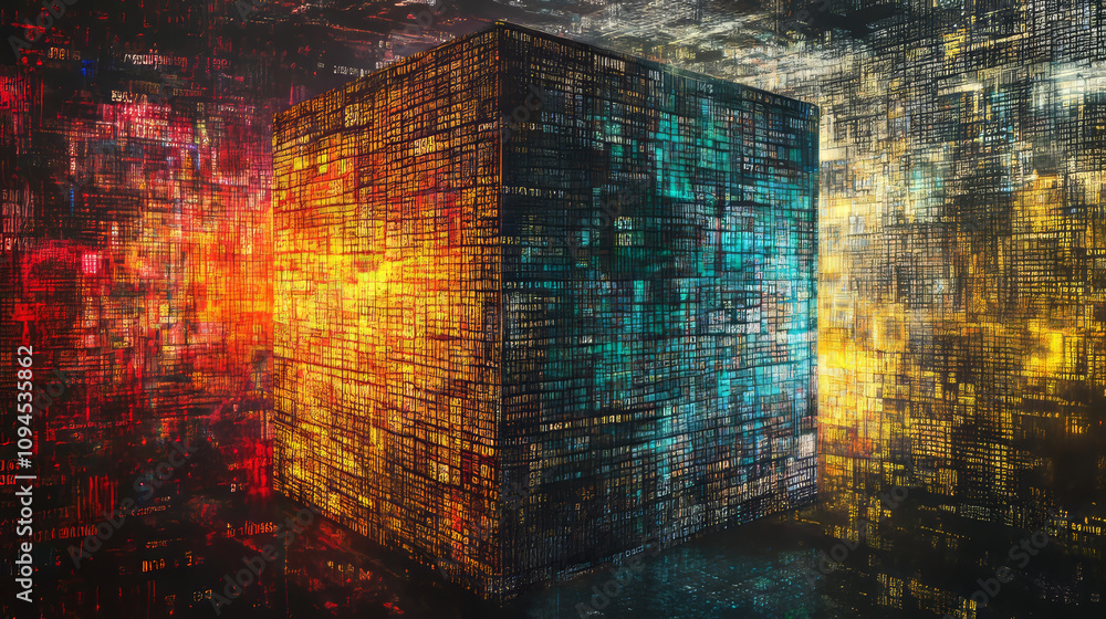 Poster a digital background shows a cube filled with numbers. this represents blockchain technology used in