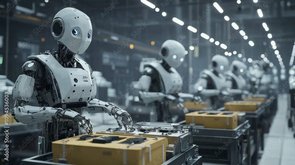 Poster smart factories use ai to automate manufacturing. ai intelligently manages production, making things