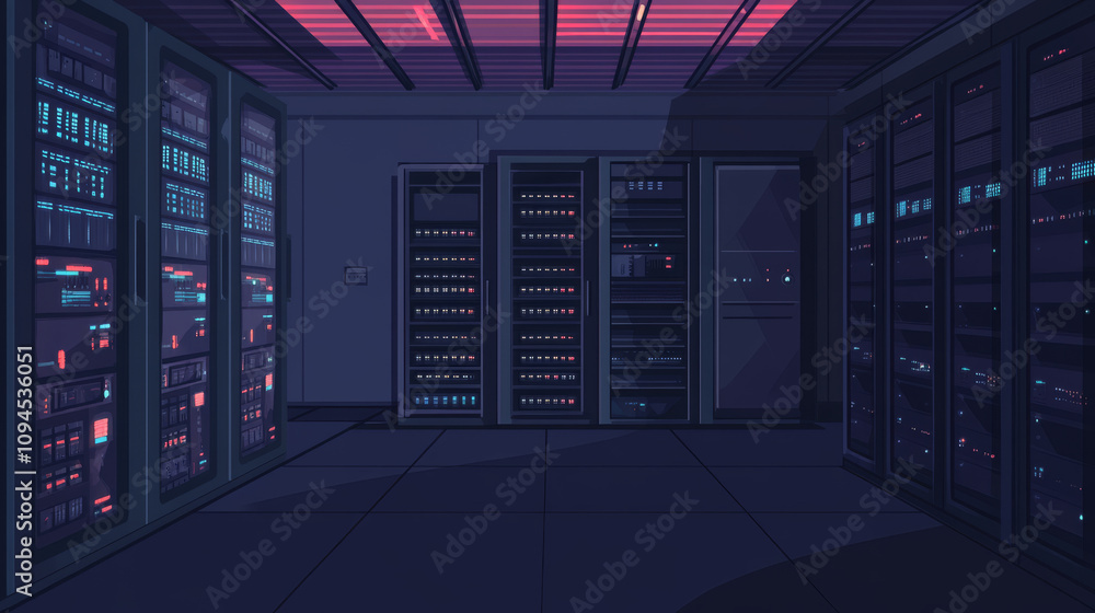 Poster a dark server room holds the computers for cloud storage. bright data signals illuminate the technol