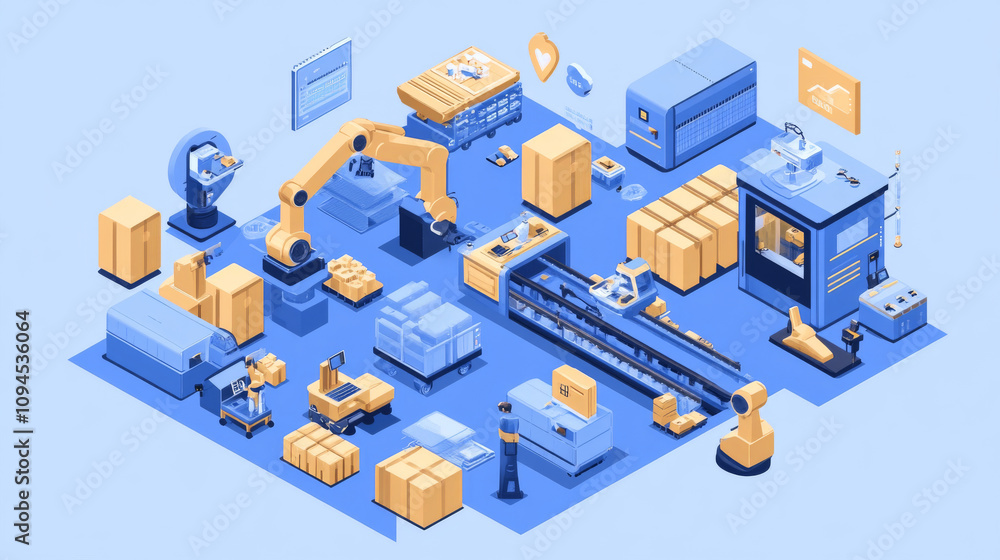 Poster smart factories use ai to automate manufacturing. ai intelligently manages production, making things