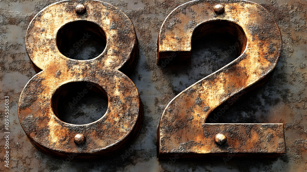 Aufkleber rustic 3d render of number eighty-two on a corroded metal surface