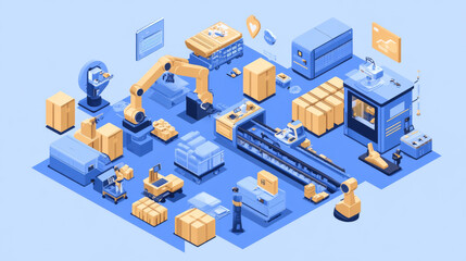 Smart factories use AI to automate manufacturing.  AI intelligently manages production, making things more efficient.  A robot helps build other robots.