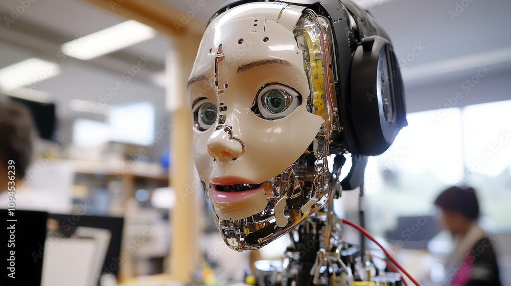 Poster a robot or cyborg uses ai to chat online. it helps users through messaging, offering tech support an
