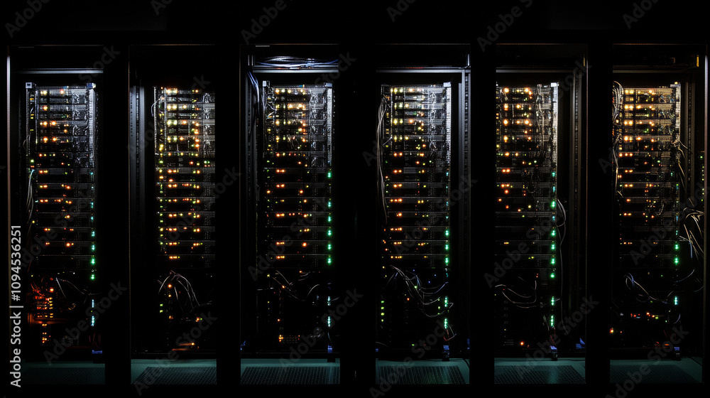 Poster a dark server room holds the computers for cloud storage. bright data signals illuminate the technol