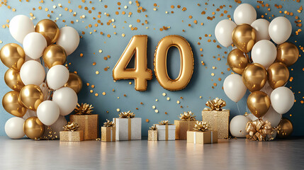 Elegant 3D Render of a 40th Birthday Celebration with Gold and White Balloons, Gifts, and Confetti on a Blue Wall