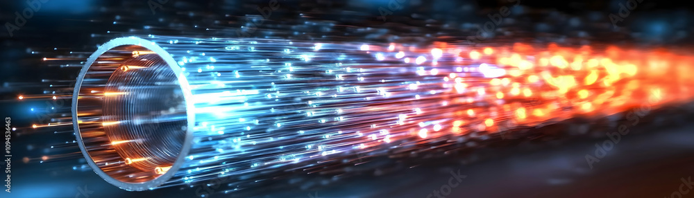 Poster abstract 3d digital data streams flowing through a cylinder, illuminated with blue and orange glowin